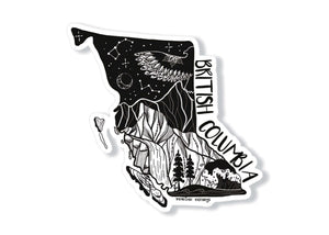 British Columbia Sticker featuring black and white original illustration of landscapes and nature.