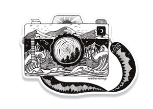 Camera Sticker featuring black and white original illustration, waterproof vinyl design made in Canada, ideal outdoor sticker.