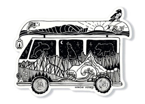 Camper Van Sticker featuring an original black and white illustration, perfect outdoor sticker for travel.