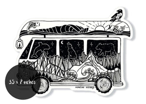 Camper Van Sticker featuring black and white original illustration of mountains and wildlife, made in Canada.