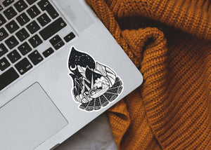 Campfire Sticker on laptop, featuring black and white original illustration, perfect outdoor sticker by Canadian artist.