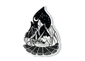Campfire Sticker featuring original illustration of a campfire, black and white design, made in Canada.