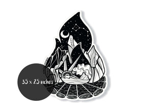 Campfire Sticker featuring an original illustration on a glossy vinyl finish, made in Canada.