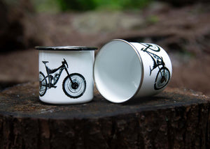 Mountain Bike Enamel Mug designed by a Canadian artist featuring an original illustration of a bike on enamel drinkware.
