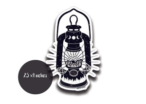 Camping Lantern Sticker featuring a black and white original illustration, made in Canada, vinyl sticker, perfect for outdoor decor.