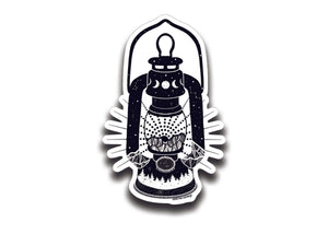 Camping Lantern Sticker featuring a black and white original illustration on glossy vinyl.