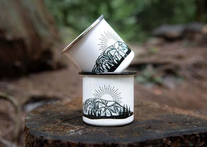 The Stawamus Chief Enamel Mug with original illustration by a Canadian artist, perfect for outdoor adventures.