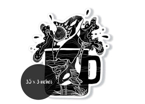 Camping Mug Sticker featuring black and white original illustration of marine life, made in Canada from durable vinyl.