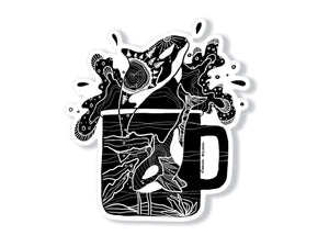 Camping Mug Sticker featuring original black and white illustration with whales, a glossy vinyl outdoor sticker made in Canada.