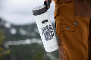 Camping Mug Sticker on a stainless steel travel mug, showcasing black and white original illustration, perfect for outdoor enthusiasts.