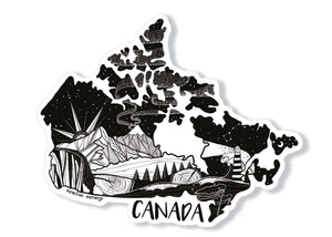 Canada Sticker featuring original black and white illustrations, perfect as an outdoor sticker made in Canada.