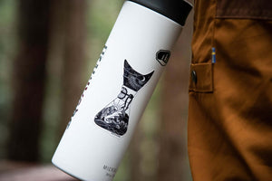 Chemex Sticker on a travel mug, showcasing black and white original illustration by a Canadian artist.
