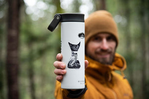 Chemex Sticker displayed on a travel tumbler outdoors, featuring original black and white illustration by a Canadian artist.