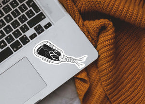 Climbing Carabin Sticker on a laptop, showcasing a black and white original illustration, perfect outdoor sticker.