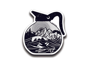 Coffee Pot Sticker featuring original black and white illustration of mountains and water, perfect outdoor vinyl sticker.
