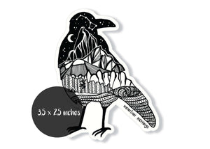 Crow Sticker featuring original illustration, black and white design, glossy vinyl, made in Canada, eco-friendly.