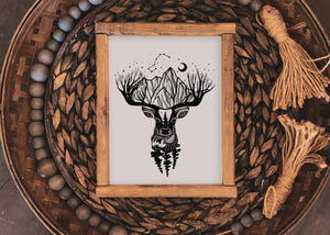 Deer Print featuring black and white illustration of a deer with mountains and trees, eco friendly art print, made in Canada.