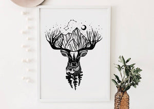Deer Print featuring black and white illustrations of a deer with mountain and forest elements, made in Canada.
