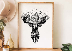 Deer Print, eco friendly art print made in Canada, black and white illustrations, sustainable art for nature lovers.