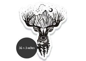 Deer Sticker featuring original illustration, black and white design, a perfect outdoor sticker, made in Canada.