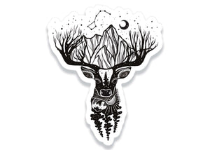 Deer Sticker featuring original illustration of a deer with mountains and trees, black and white outdoor sticker made in Canada.
