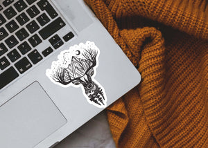 Deer Sticker on a laptop, black and white original illustration, outdoor sticker, made in Canada.