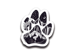 Dog Paw Sticker featuring an original illustration in black and white, perfect outdoor sticker from a Canadian artist.