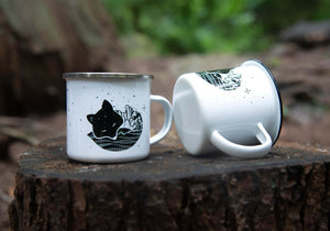 Fox Enamel Mug showcasing unique design, perfect for outdoor adventures and eco-friendly use, designed in Canada.