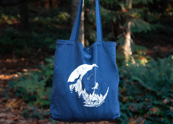 Eco Friendly Reusable Tote Bag, Moon and Climber - Mountain Mornings - Tote Bag