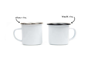 Two Little Whale, Camping Mug options: one with a silver rim, the other with a black rim, ideal for outdoor adventures.
