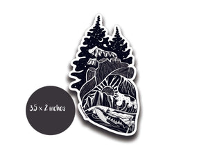 Forest Heart Sticker featuring a black and white original illustration with outdoor scene, made in Canada.