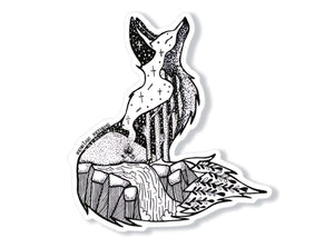 Fox Sticker featuring a black and white original illustration of a fox with a waterfall, an outdoor vinyl sticker made in Canada.