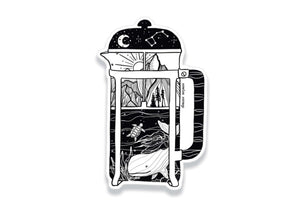 French Press Sticker featuring original black and white illustration of outdoor scenes, made in Canada, durable vinyl material.