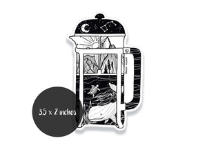French Press Sticker showcasing an original illustration of a French press with outdoor theme, made in Canada.