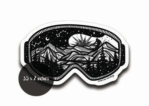 Goggles Sticker featuring a black and white original illustration of mountains, made in Canada, vinyl outdoor sticker.