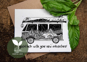Good Luck With Your New Adventures, Plantable Seed Greeting Card with original black and white illustrations.