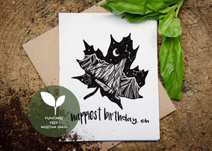 Happiest Birthday, Eh;  Plantable Seed Greeting Card with original black and white illustrations on eco-friendly packaging.