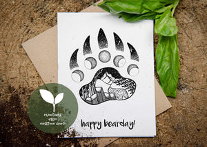 Happy Bearday!, Plantable Seed Greeting Card featuring black and white illustration art and basil leaves.