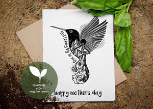 Happy Mother's Day, Plantable Seed Greeting Card featuring black and white illustration art with basil leaves.