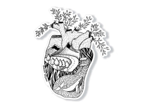 Heart Sticker featuring an original illustration of nature in black and white, a durable outdoor sticker, made in Canada.
