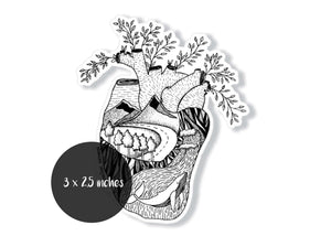 Heart Sticker featuring an original black and white illustration of nature, made in Canada.