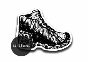 Hiking Boot Sticker featuring a black and white original illustration, perfect for outdoor, waterproof, and durable surfaces.