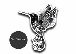 Hummingbird Sticker featuring an original black and white illustration on a glossy vinyl finish, made in Canada.