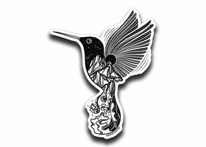 Hummingbird Sticker featuring a black and white original illustration, glossy vinyl, durable outdoor sticker made in Canada.