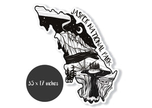 Jasper National Park Sticker featuring black and white original illustration on glossy vinyl, made in Canada.