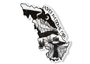Jasper National Park Sticker featuring original black and white illustration of mountains and forests, made in Canada.