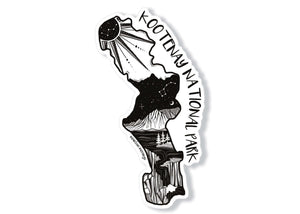 Kootenay National Park Sticker featuring black and white original illustration, made in Canada outdoor vinyl sticker.