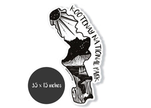 Kootenay National Park Sticker featuring original black and white illustration of the park's landscape on glossy vinyl.
