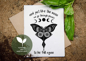 Luna Moth, Plantable Seed Greeting Card featuring a black and white illustration art and basil leaves.