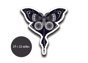 Luna Moth Sticker design featuring a black and white original illustration on a glossy vinyl sticker.